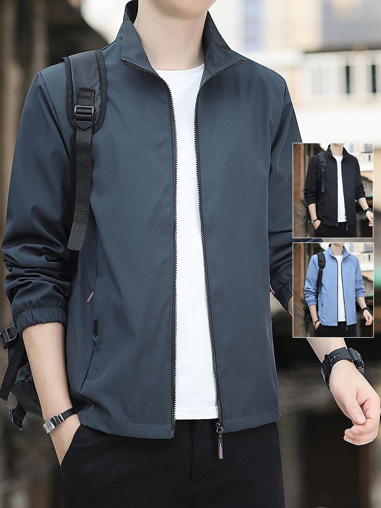 春季外套男士2025年新款秋冬加绒加厚纯色立领宽松休闲夹克上衣服